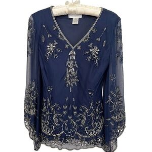 Draper’s & Damon’s Vintage Navy Blue Sheer Flowy Top  Bell Sleeve  Size Petite 8